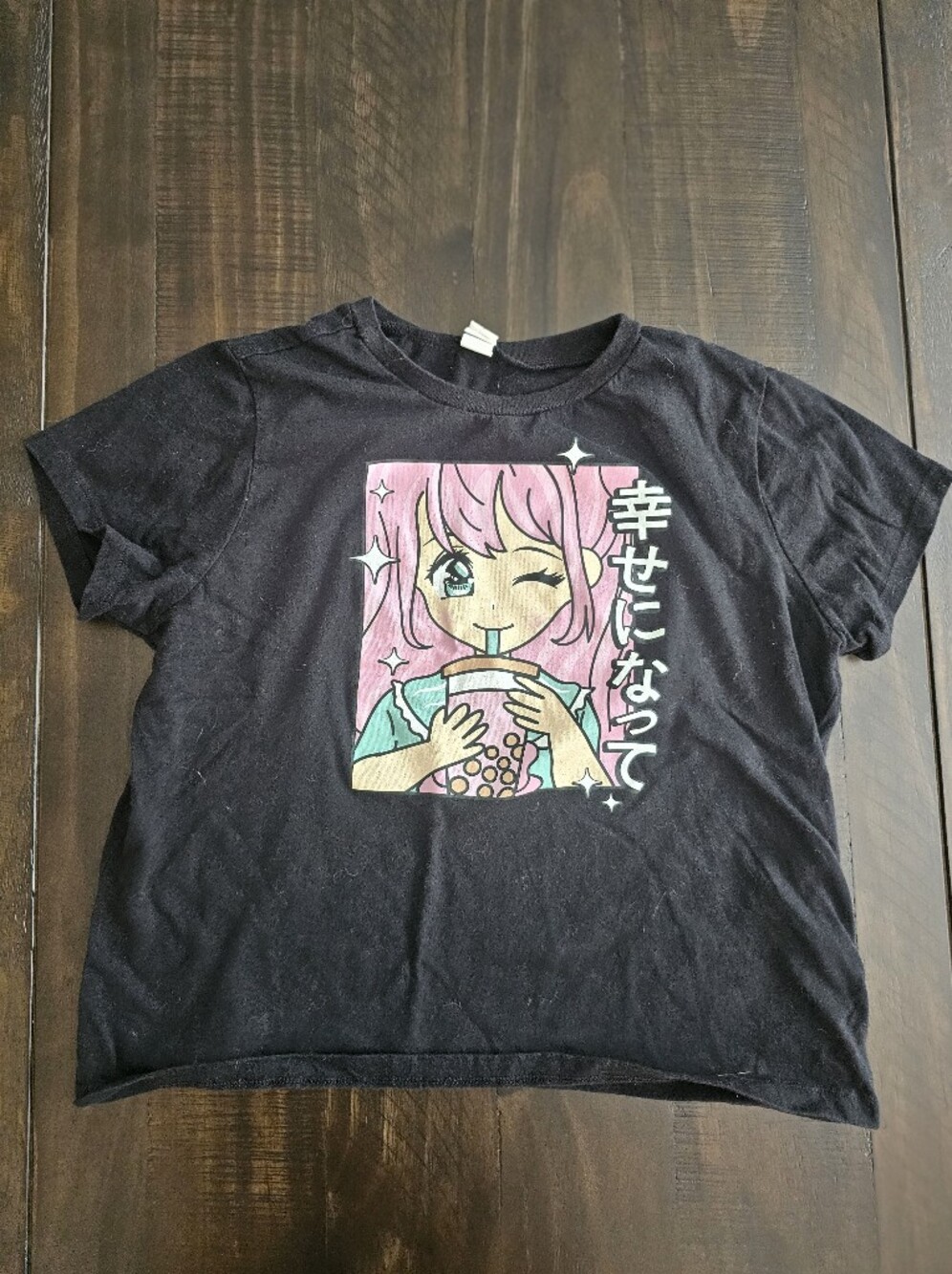 Black Kids Tee with Pink Anime Bubble Tea Graphic